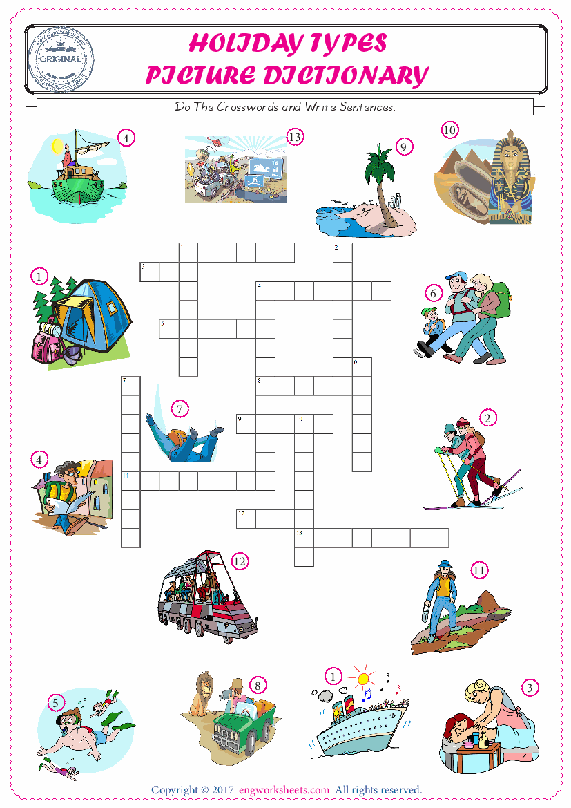  ESL printable worksheet for kids, supply the missing words of the crossword by using the Holiday picture. 